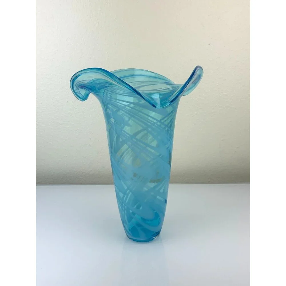 Blown Glass Art Fluted Aqua Blue & White Swirled Vase Home Decor 11.25